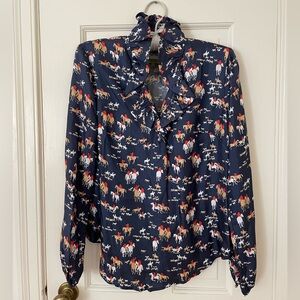 Elizabeth McKay Fox Hunt Print Elizabeth Silk Shirt, Navy Blue, 0